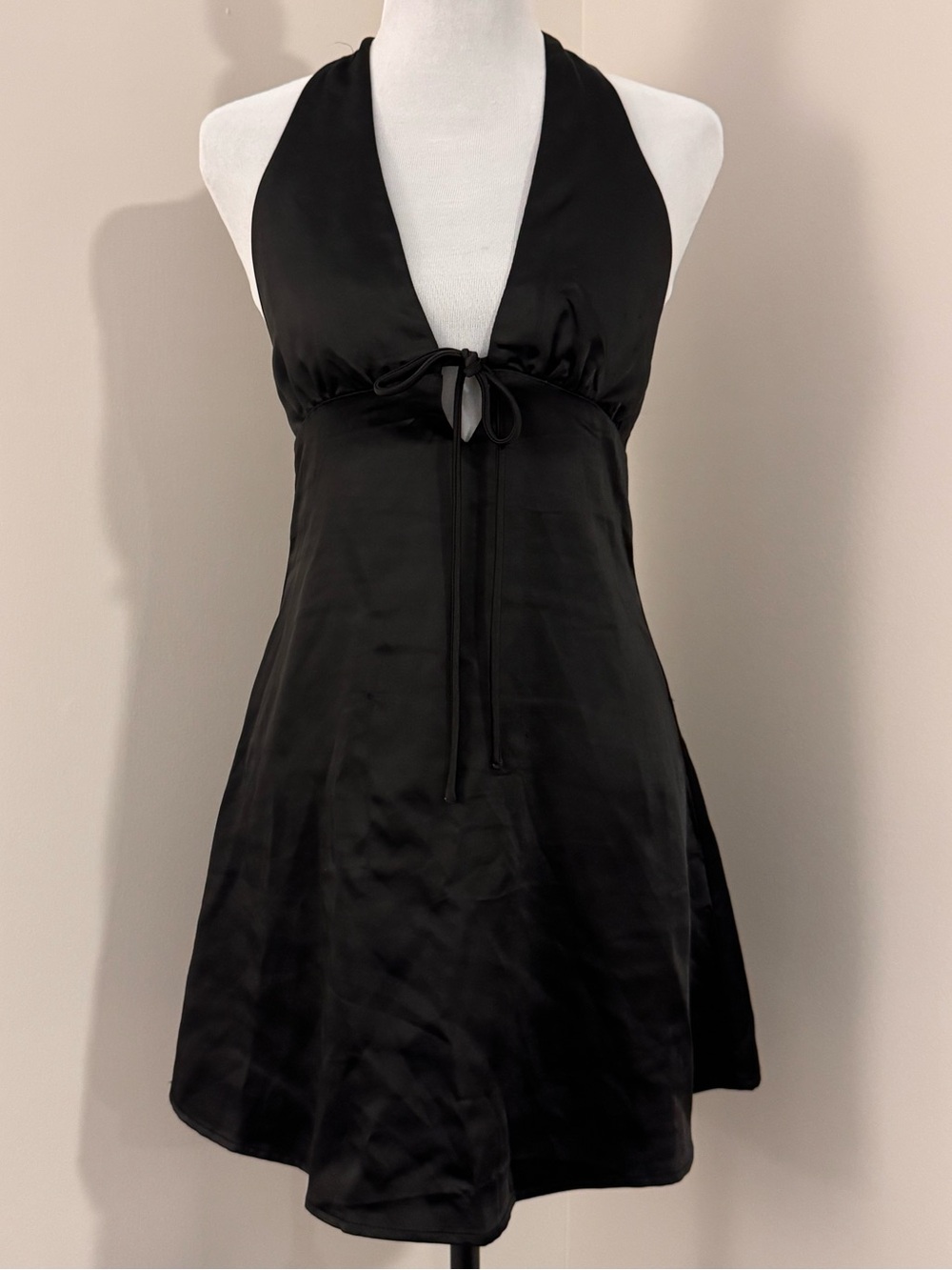 Princess Polly Lanier Black Satin Tie Front Halter Mini Dress Size 4